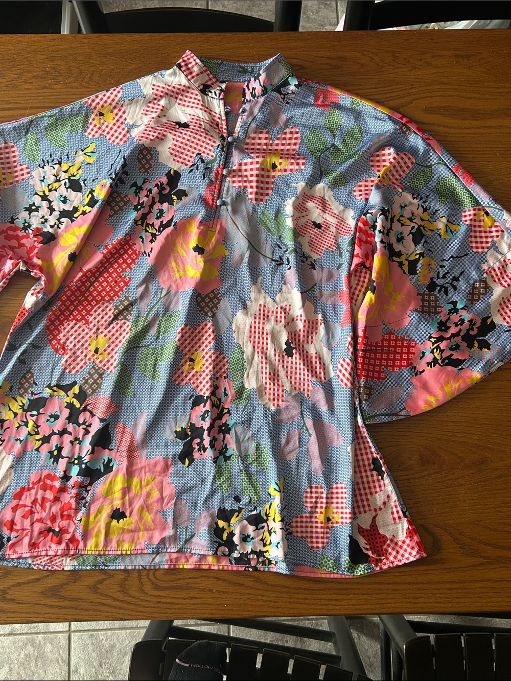 La Vie Style House Satin Patchwork Floral Mini Caftan Bell Sleeve Retails $750!
